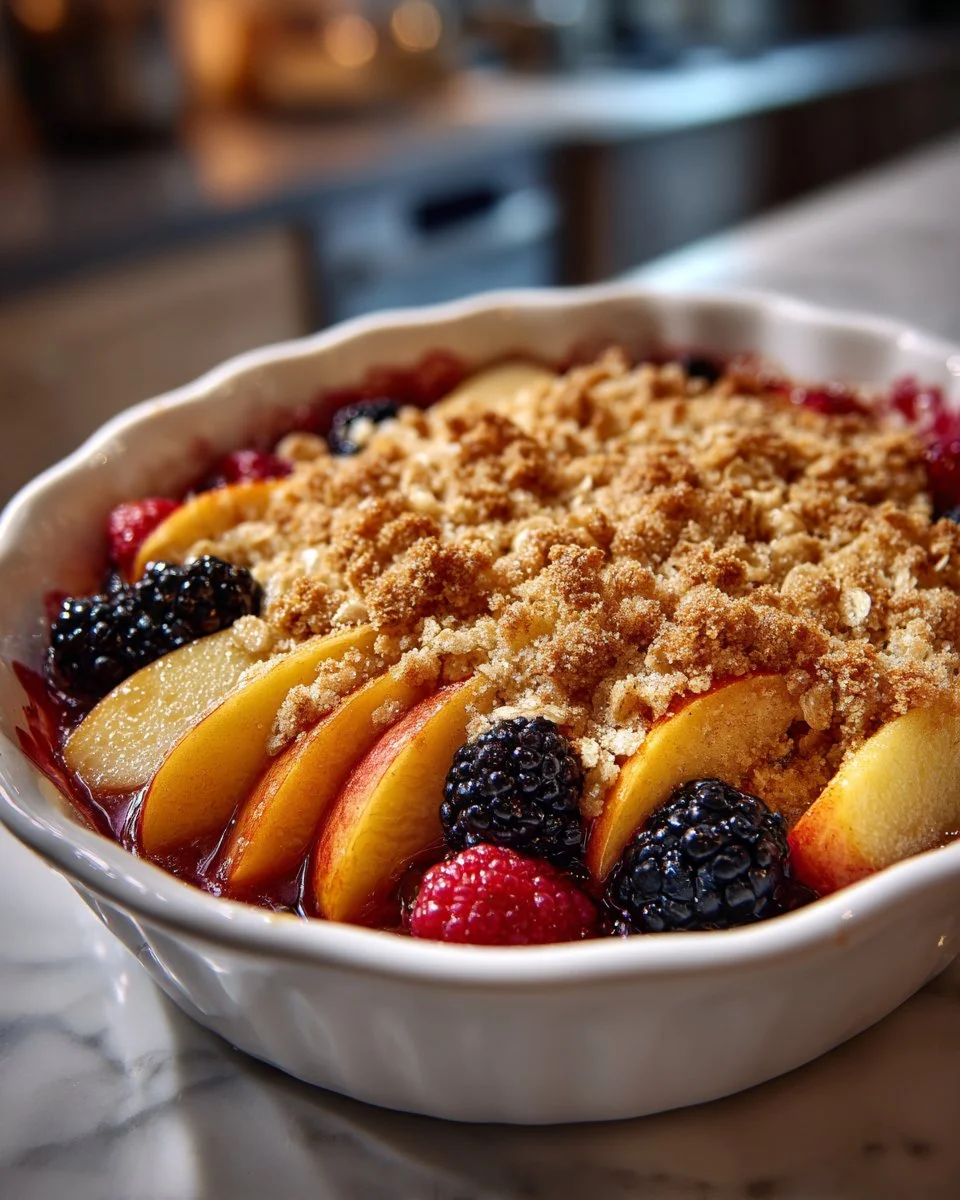 Warm peach and blackberry crisp dessert topped with crunchy crumble