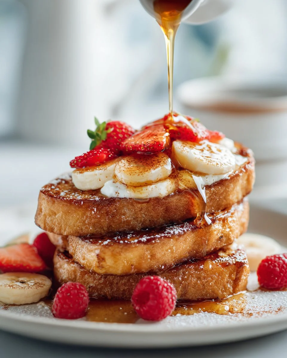Whipped cottage cheese toast topped with honey and served on a wooden board