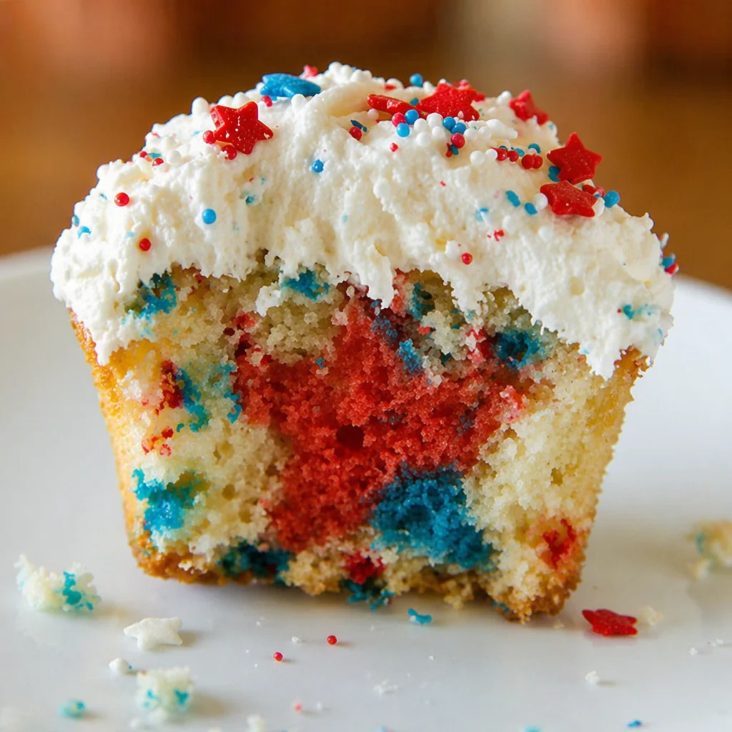 Delicious 4th of July Vanilla Bean Patriotic Cupcakes decorated with sprinkles.