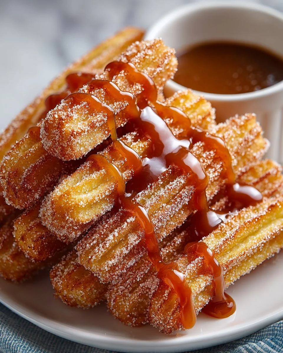 Baked churro chips served with caramel dip in a decorative bowl