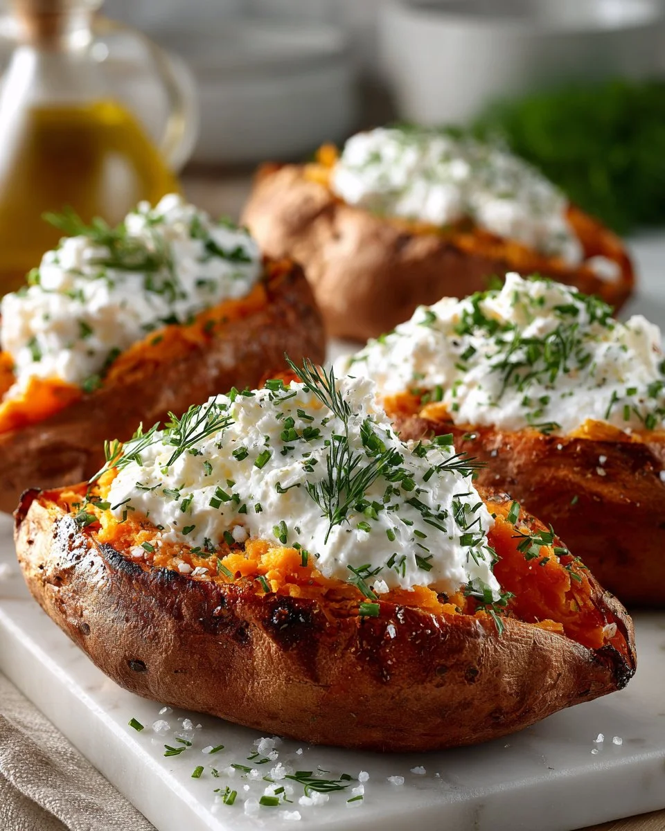 Baked Sweet Potatoes with Greek Yogurt and Herbs