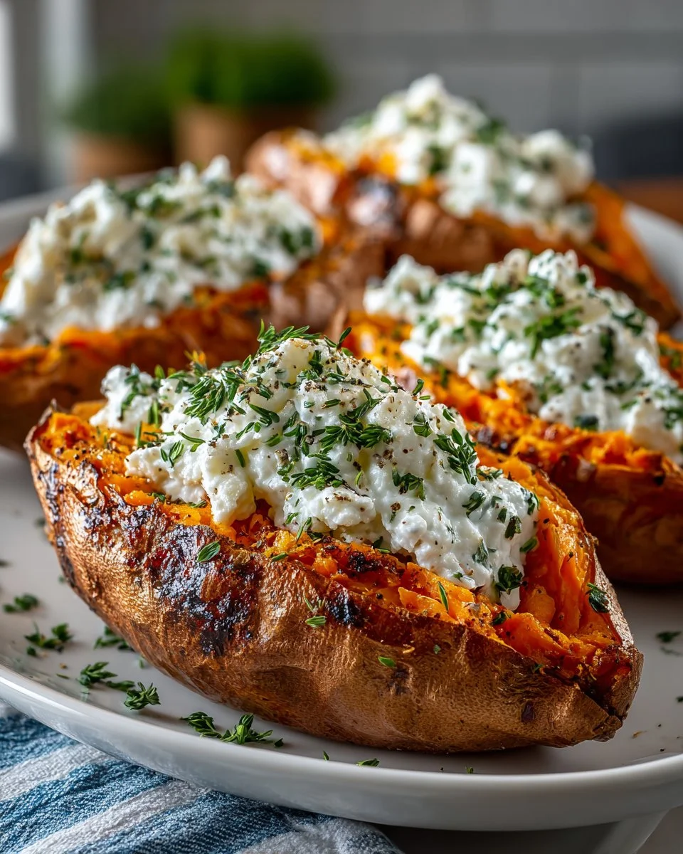 Baked Sweet Potatoes with Greek Yogurt and Herbs