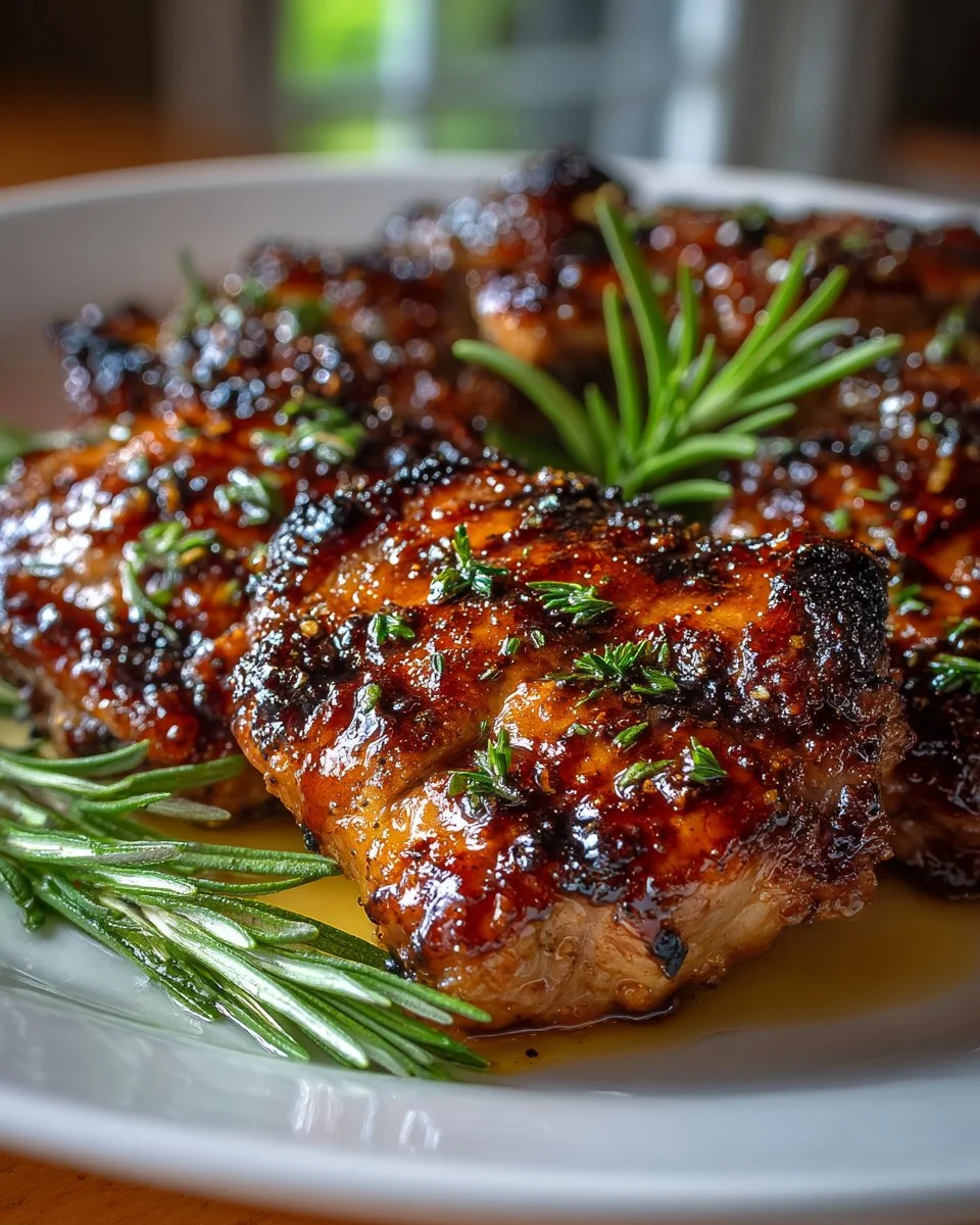 Balsamic glazed grilled chicken thighs served with fresh herbs and vegetables.