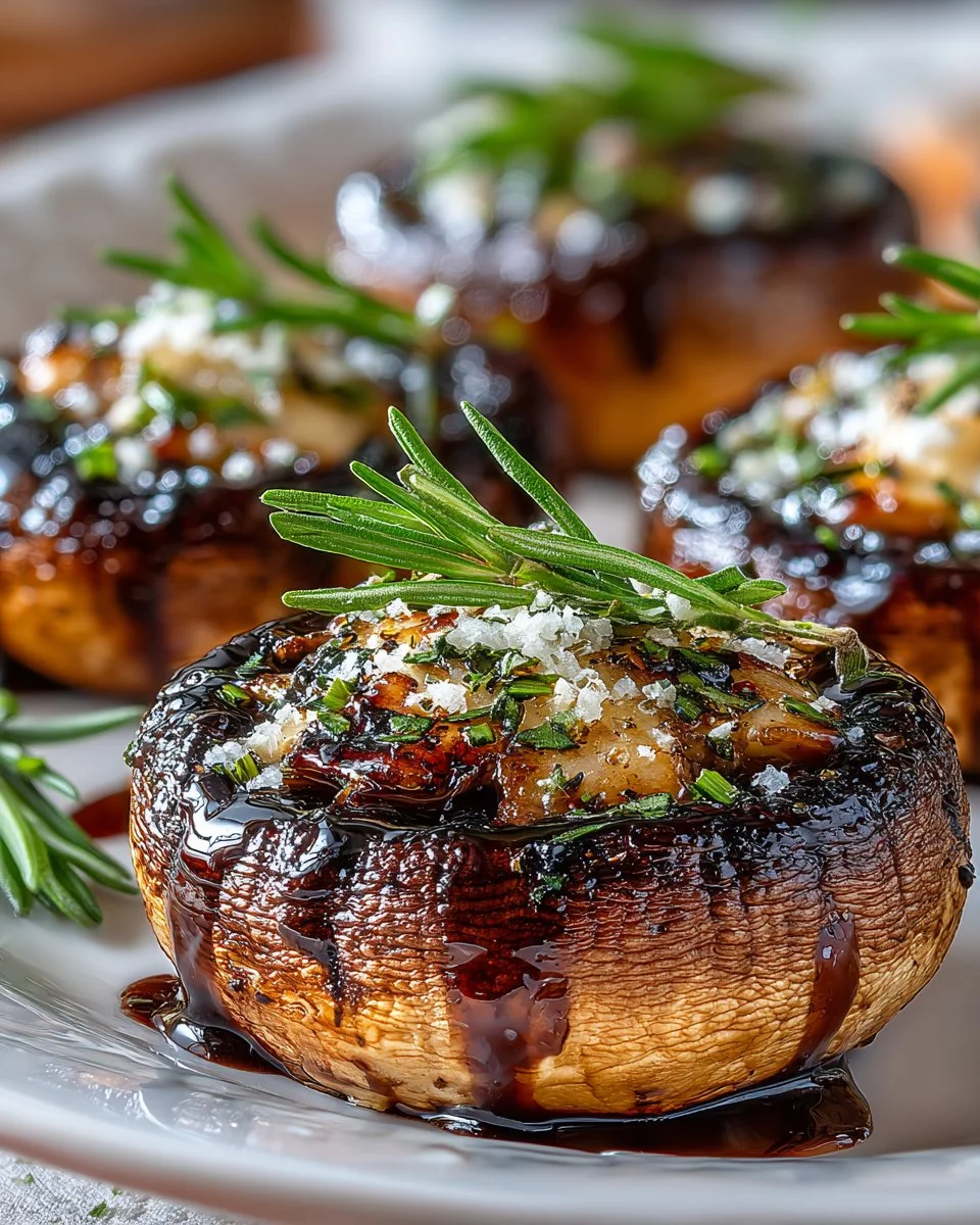 Balsamic marinated grilled portobello mushrooms ready to serve