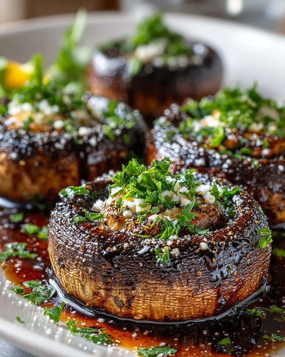 Balsamic marinated grilled portobello mushrooms ready for serving