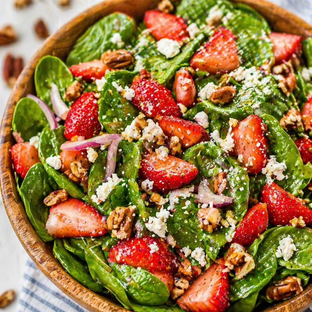 Best summer strawberry and spinach salad with feta and pecans topped with poppy seed dressing