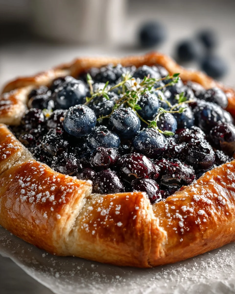Delicious Blueberry Chamomile Galette with blueberries and chamomile flowers