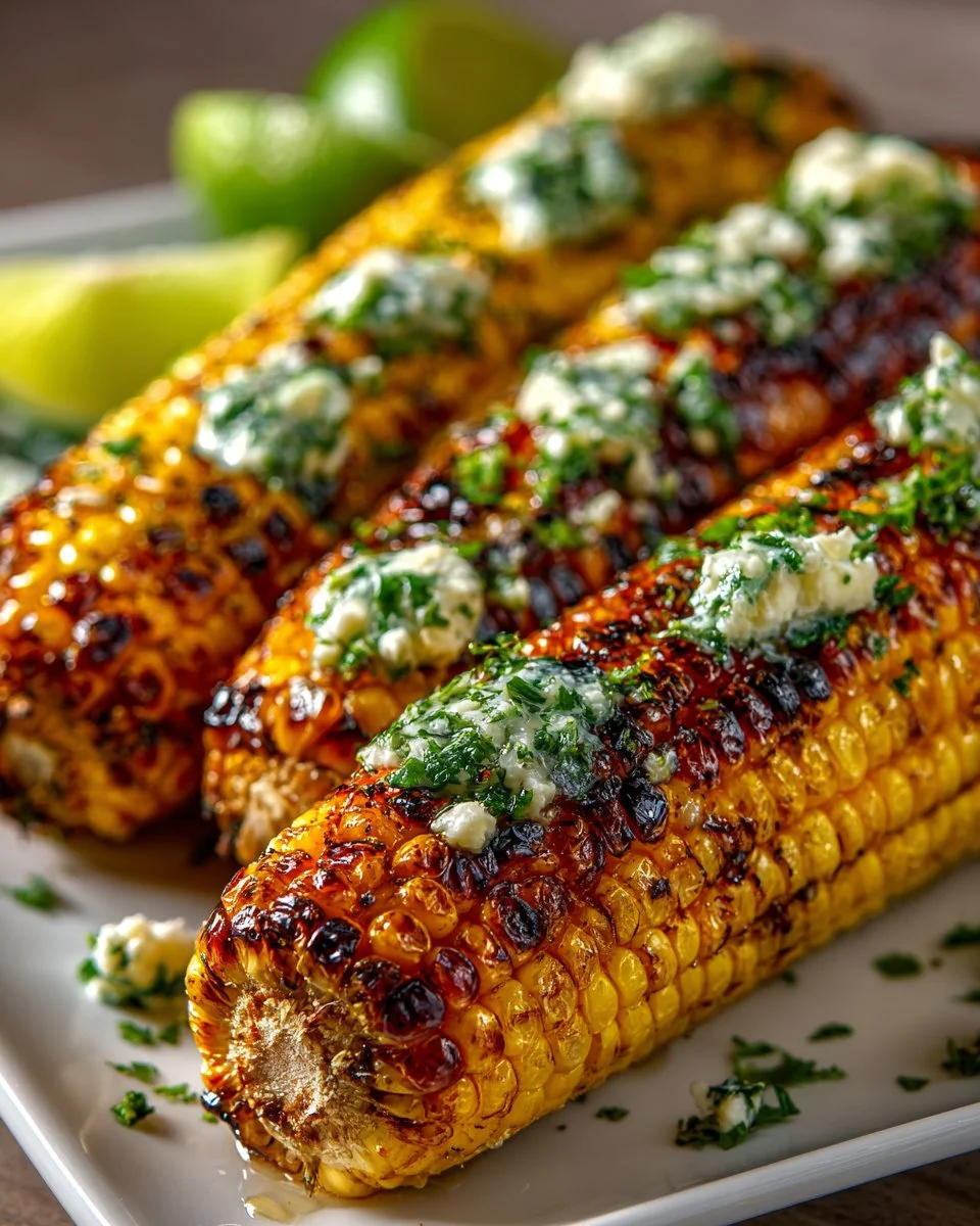 Charred sweet corn on the cob drizzled with herb butter, a delicious summer dish.