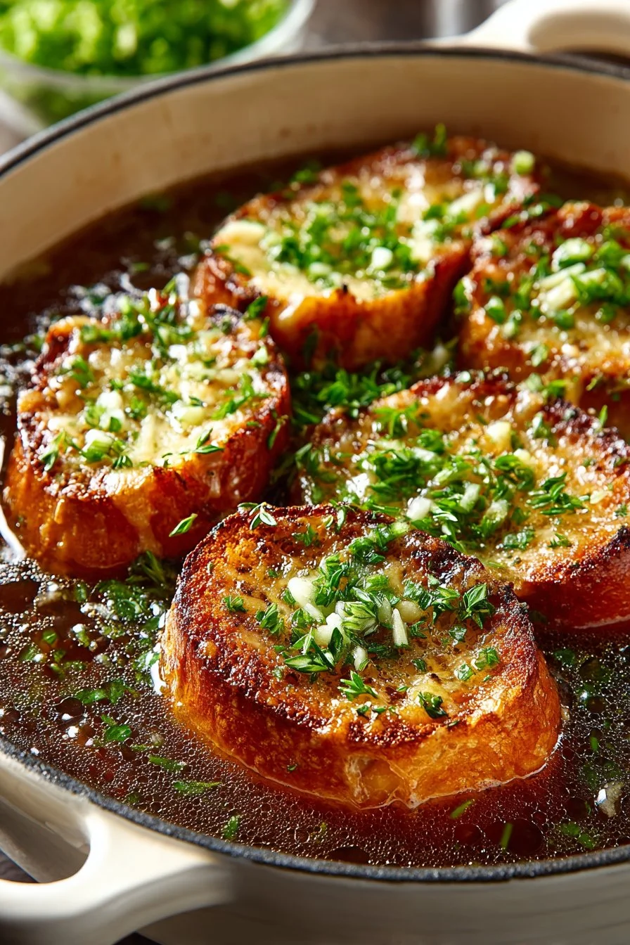 Bowl of classic beef broth French onion soup topped with melted cheese and croutons.