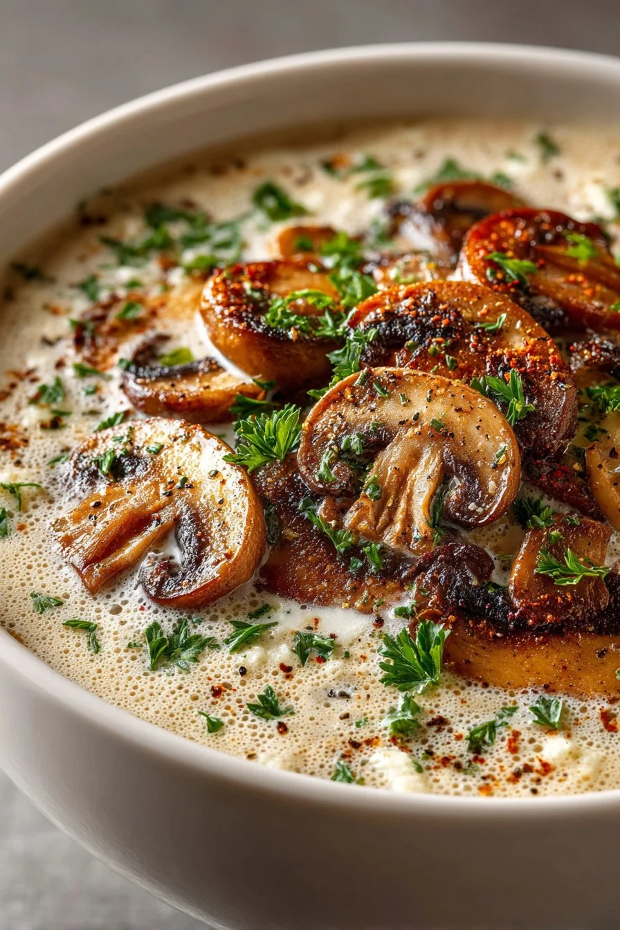 Bowl of classic homemade creamy mushroom soup topped with fresh herbs