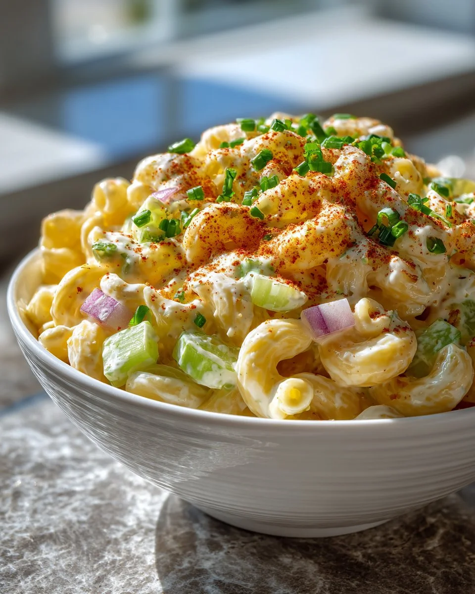 Classic macaroni salad with celery and onion in a serving bowl