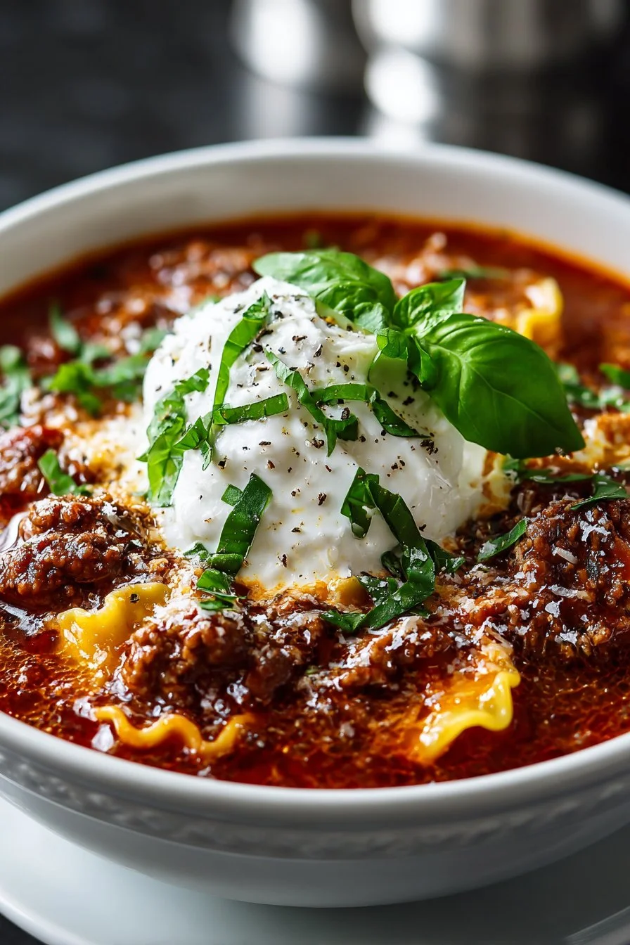 Bowl of classic slow cooker beef lasagna soup garnished with fresh herbs.