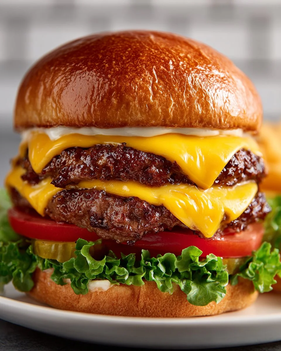 Classic Smash Cheeseburger with secret sauce on a wooden board