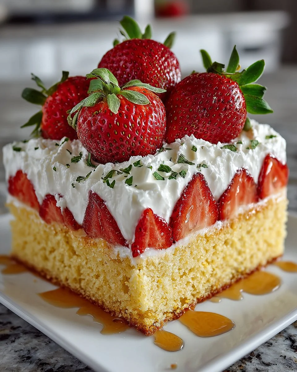 Classic Tres Leches Cake topped with fresh strawberries, a delightful dessert.