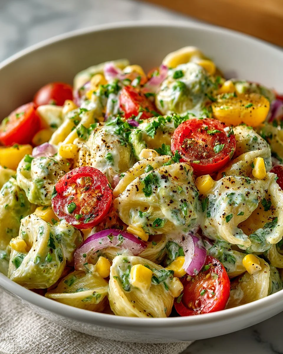 Creamy avocado ranch pasta salad with fresh ingredients in a bowl