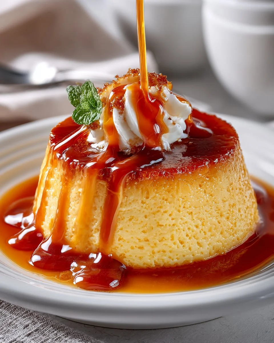 Delicious creamy caramel milk flan dessert on a white plate