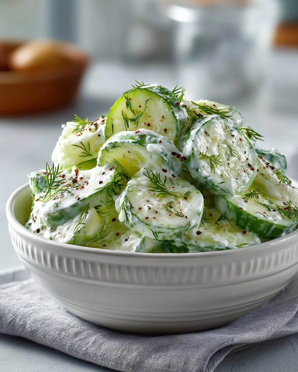 Creamy Dill and Cucumber Salad garnished with fresh herbs in a bowl