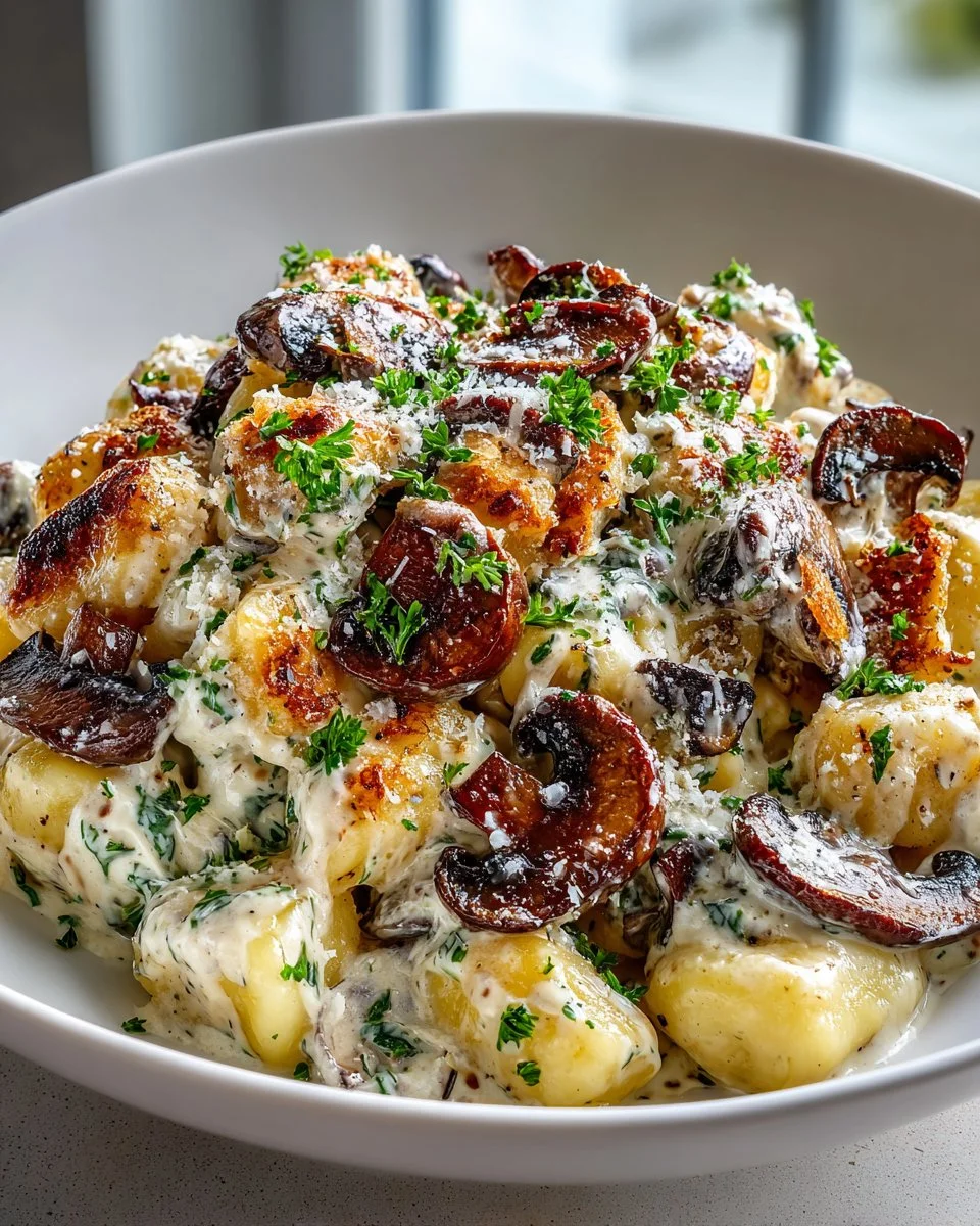 Creamy mushroom and truffle gnocchi served in a bowl with fresh herbs
