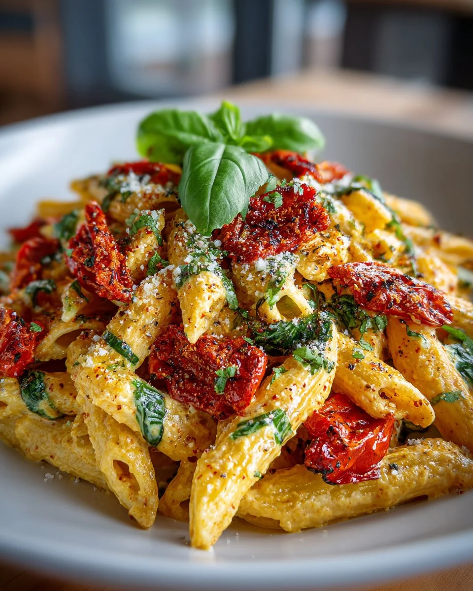 Creamy roasted red pepper penne dish garnished with fresh herbs and cheese.