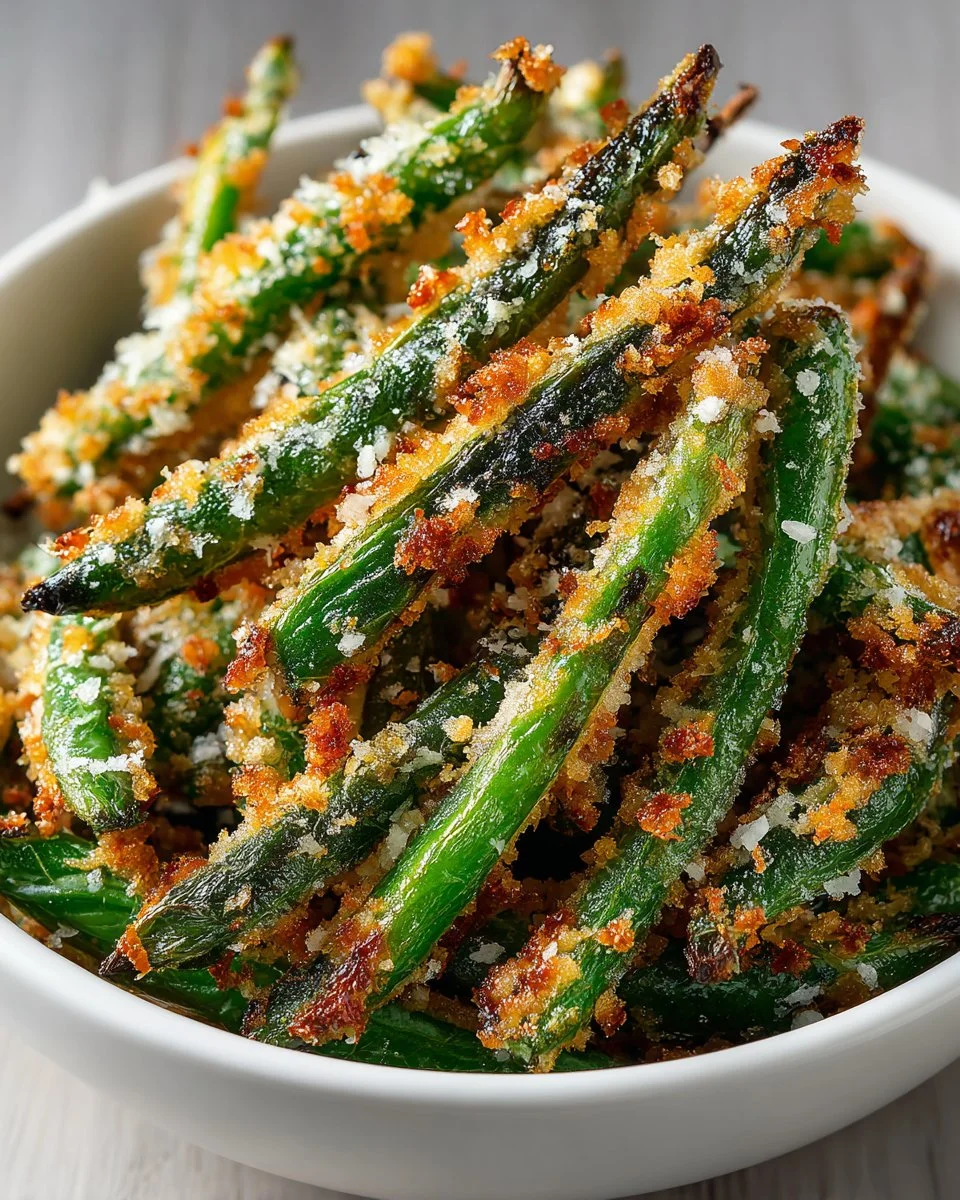 Crispy baked green bean fries served on a plate
