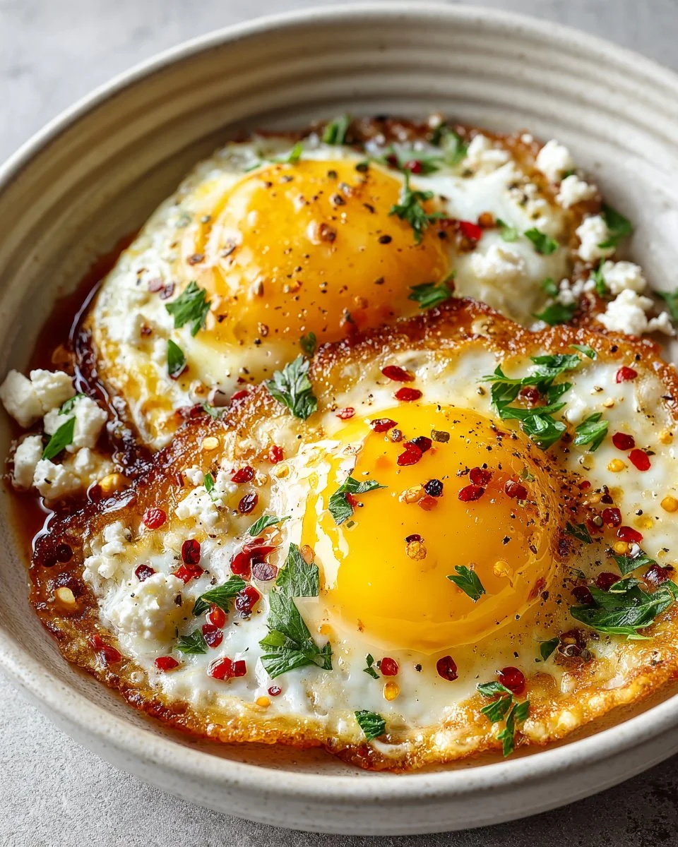 Crispy Feta Fried Eggs with Chili Oil