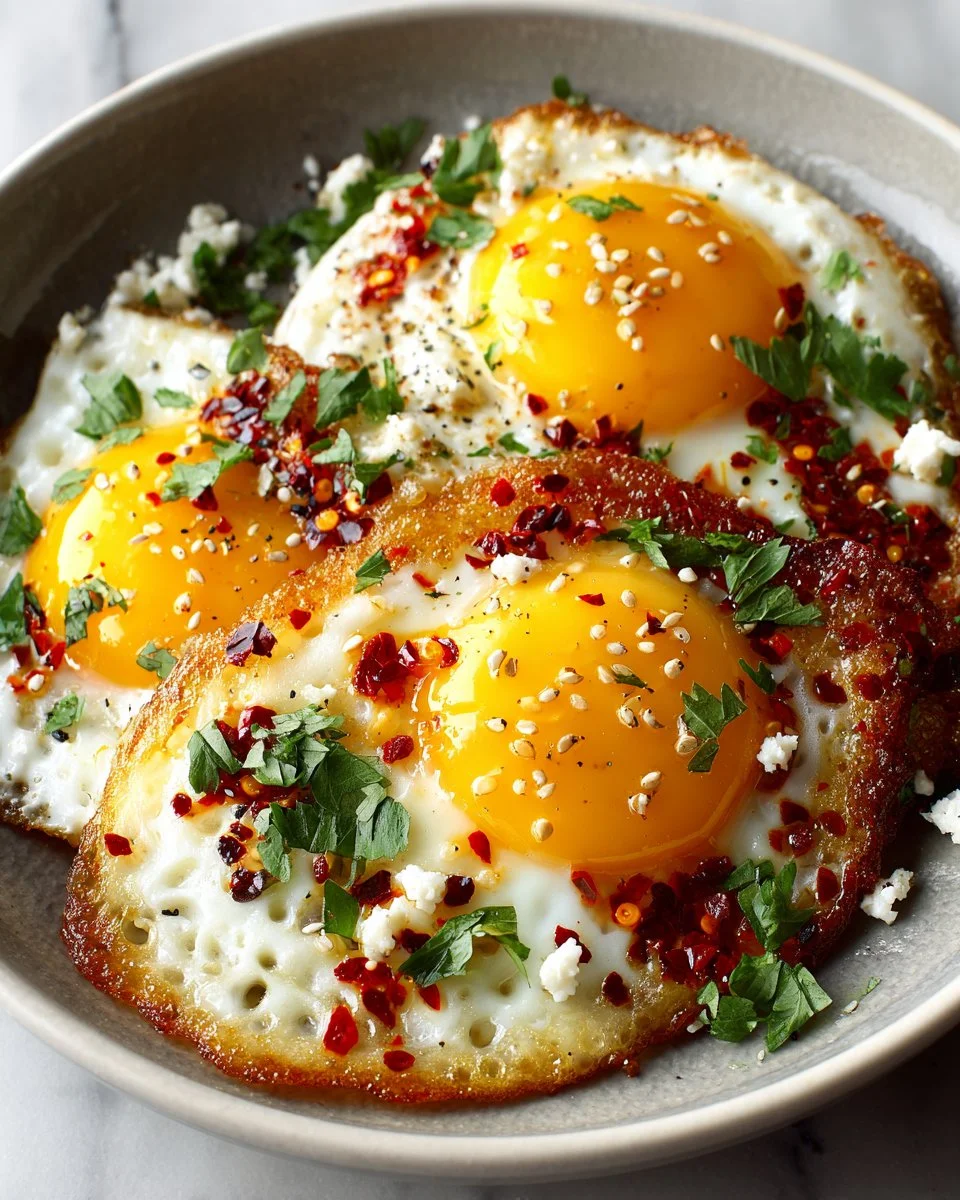 Crispy Feta Fried Eggs with Chili Oil
