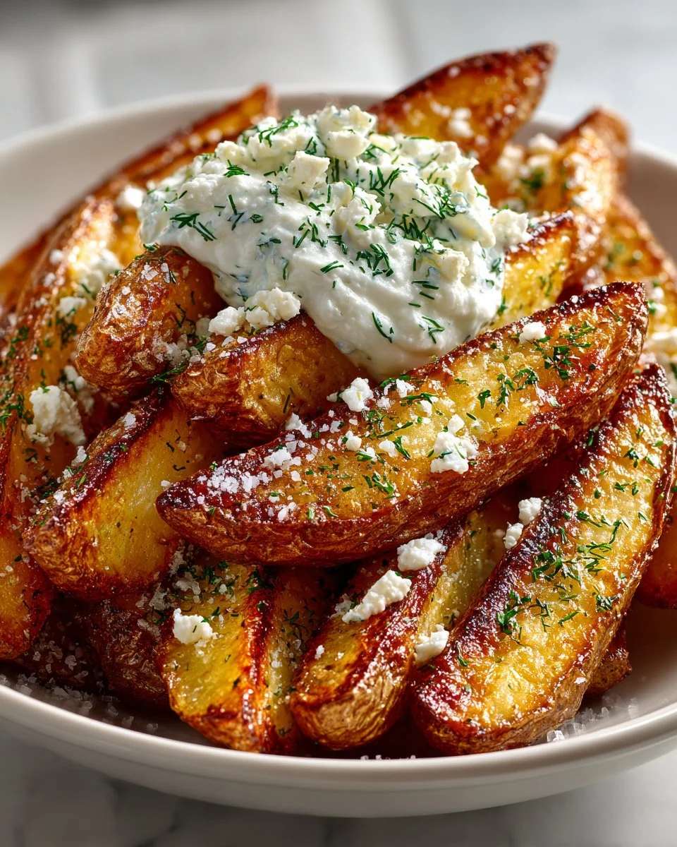 Crispy fingerling potatoes served with a whipped feta dip on a plate.