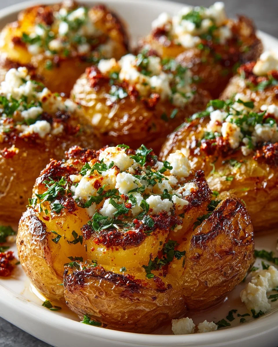 Crispy smashed potatoes topped with harissa feta cheese