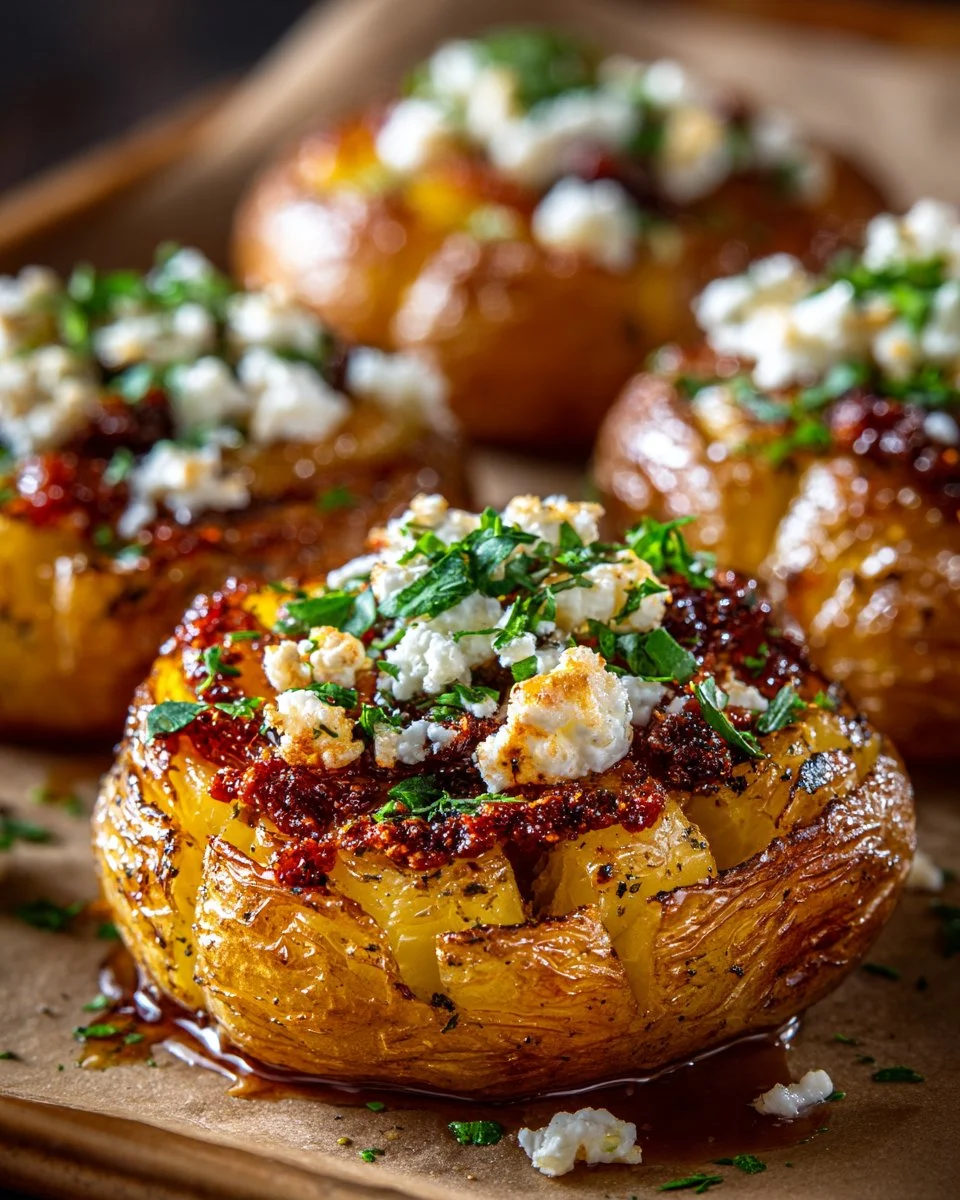 Crispy Smashed Potatoes with Harissa Feta