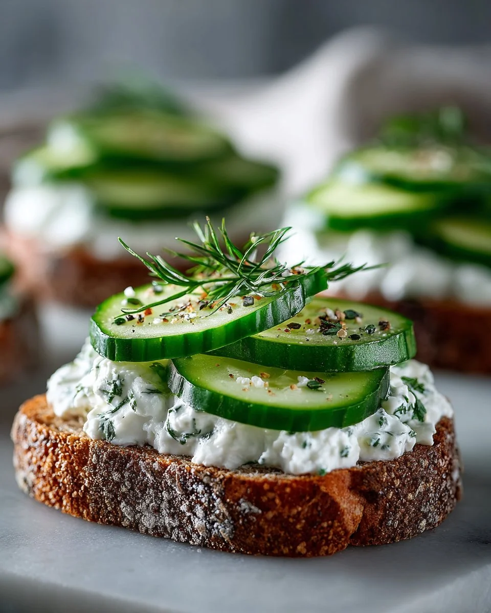 Cucumber sandwiches with herbed cream cheese on a white plate