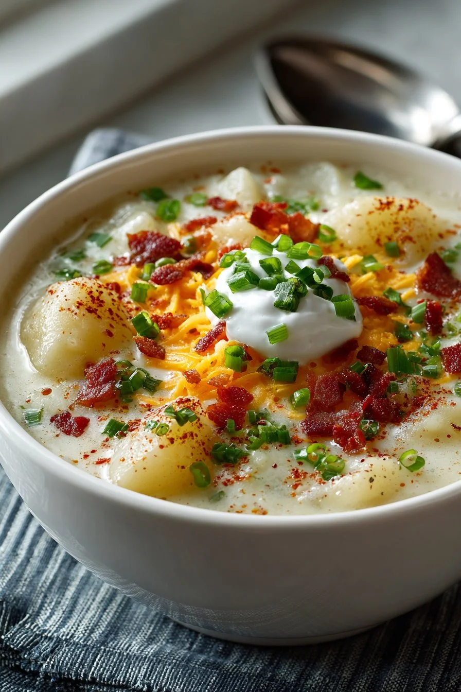 Bowl of easy crockpot cheesy potato soup topped with green onions and cheese