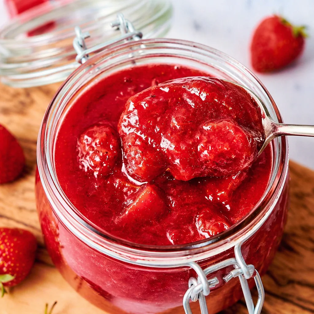 Easy Strawberry Rhubarb Compote Dessert served in a bowl with fresh strawberries.