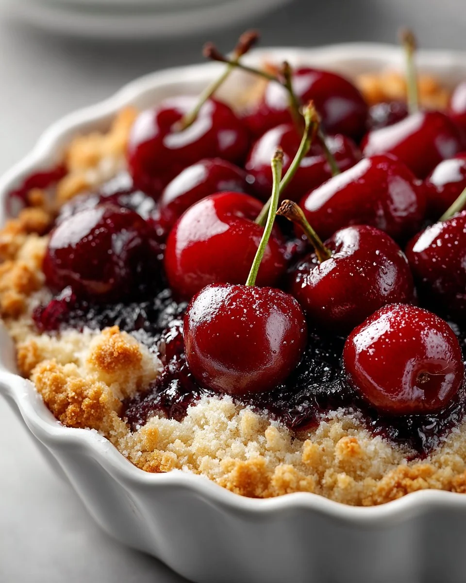 Fresh cherry almond cobbler served in a rustic dish