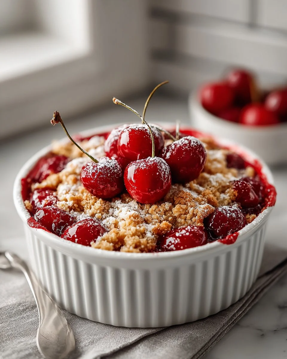 Fresh cherry almond crumble topped with crispy crumble, served in a dish.