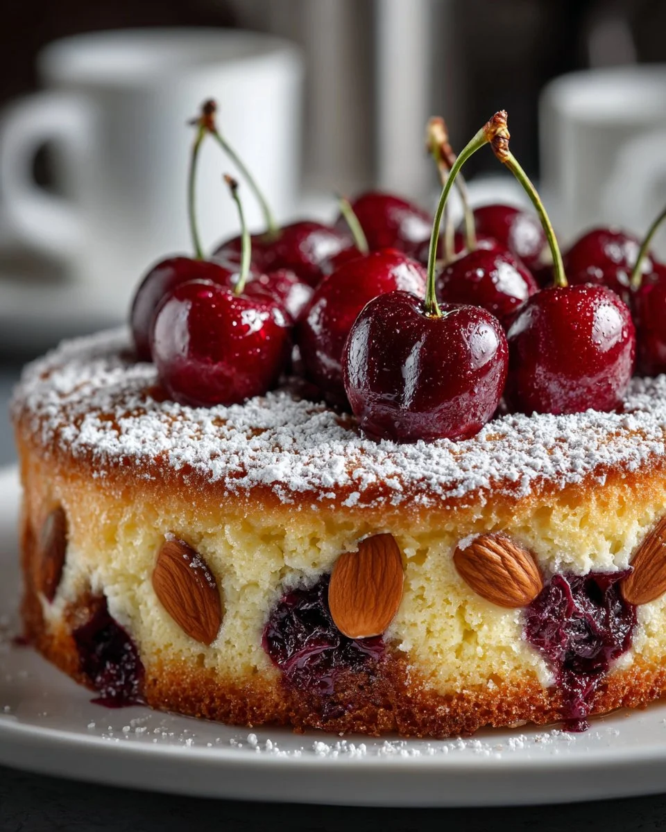 Fresh Cherry Almond Ricotta Cake topped with cherries and almonds.