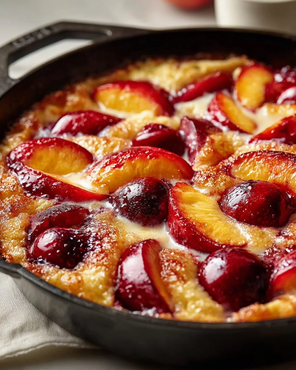 Fresh Peach Cobbler Skillet served warm with a scoop of vanilla ice cream