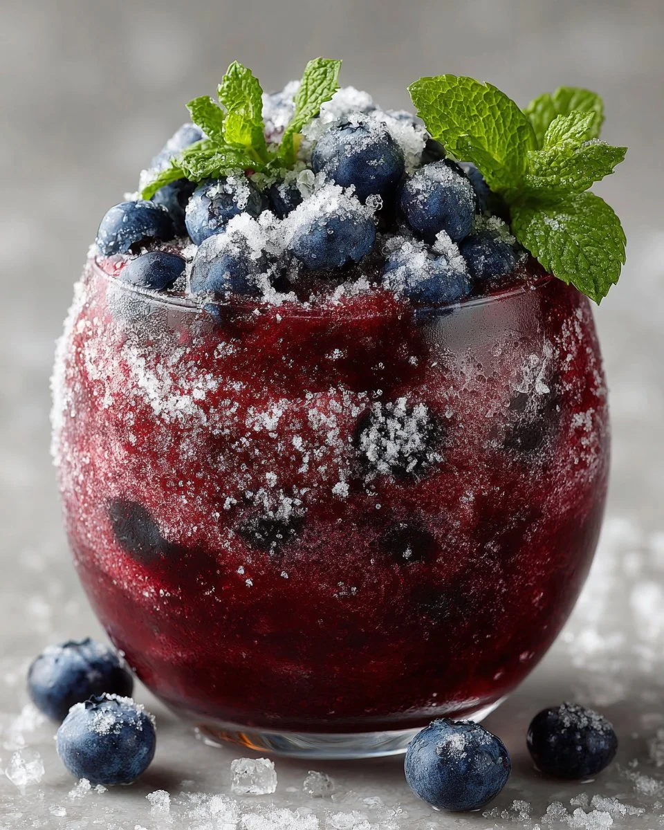 Frozen Blueberry Lemonade Slush served in a glass with blueberries and a lemon slice