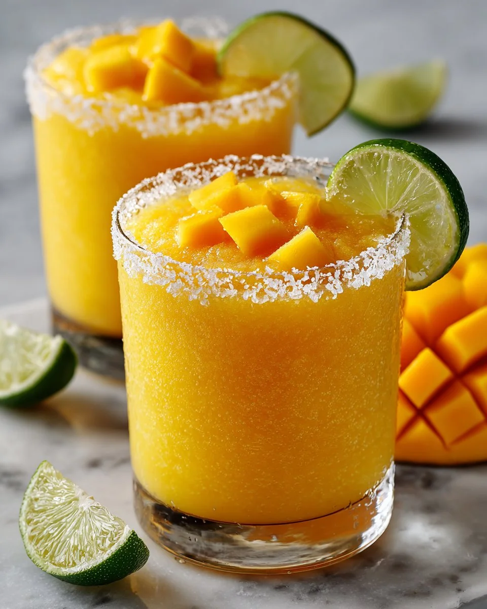 Frozen mango margarita mocktail served in a glass with a slice of mango
