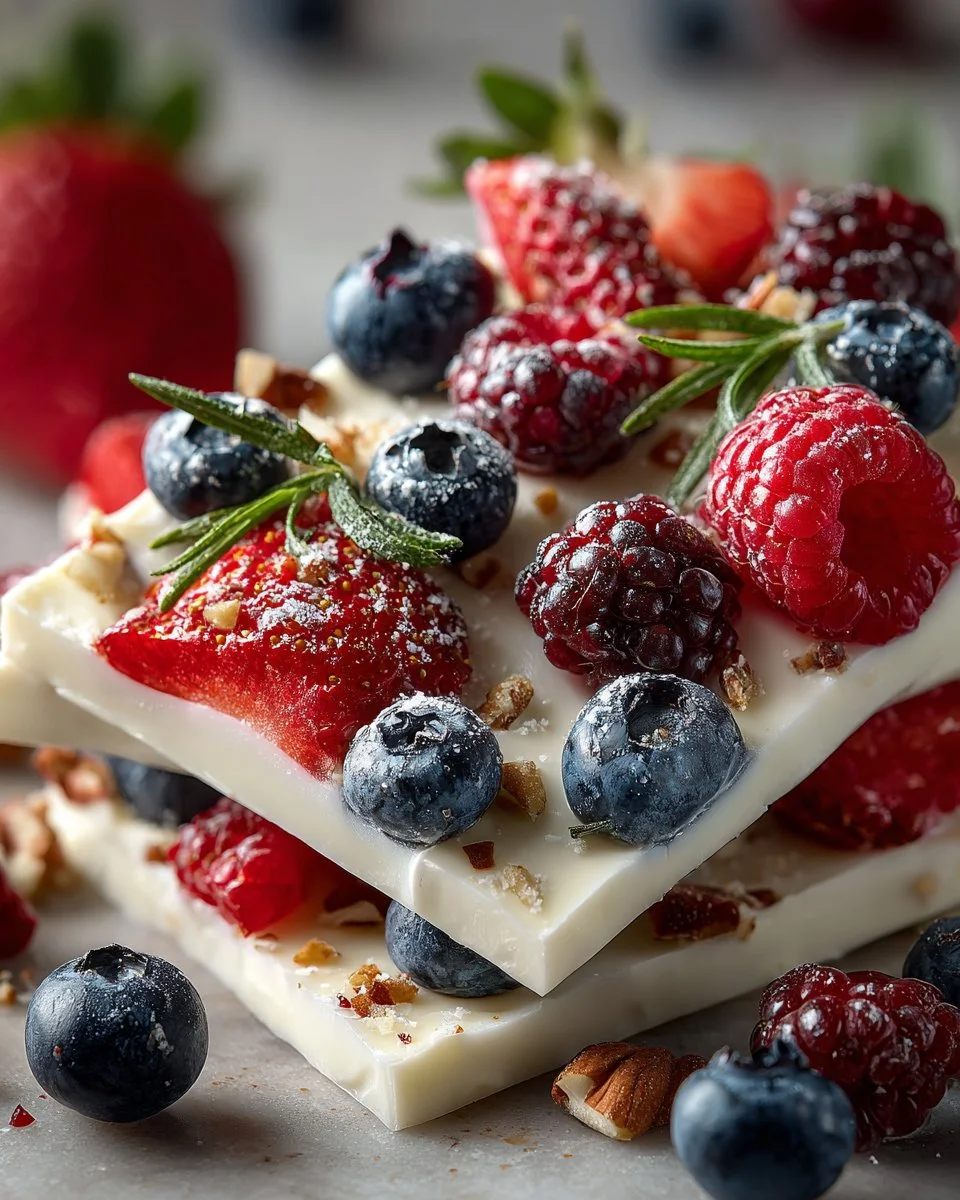 Frozen yogurt bark topped with mixed berries on a serving plate