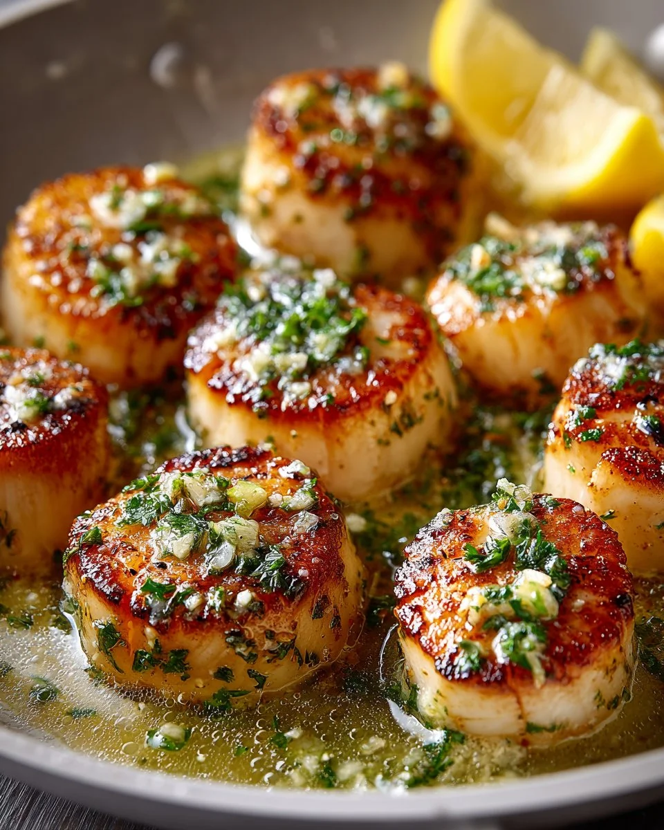 Delicious garlic butter pan seared scallops served on a plate