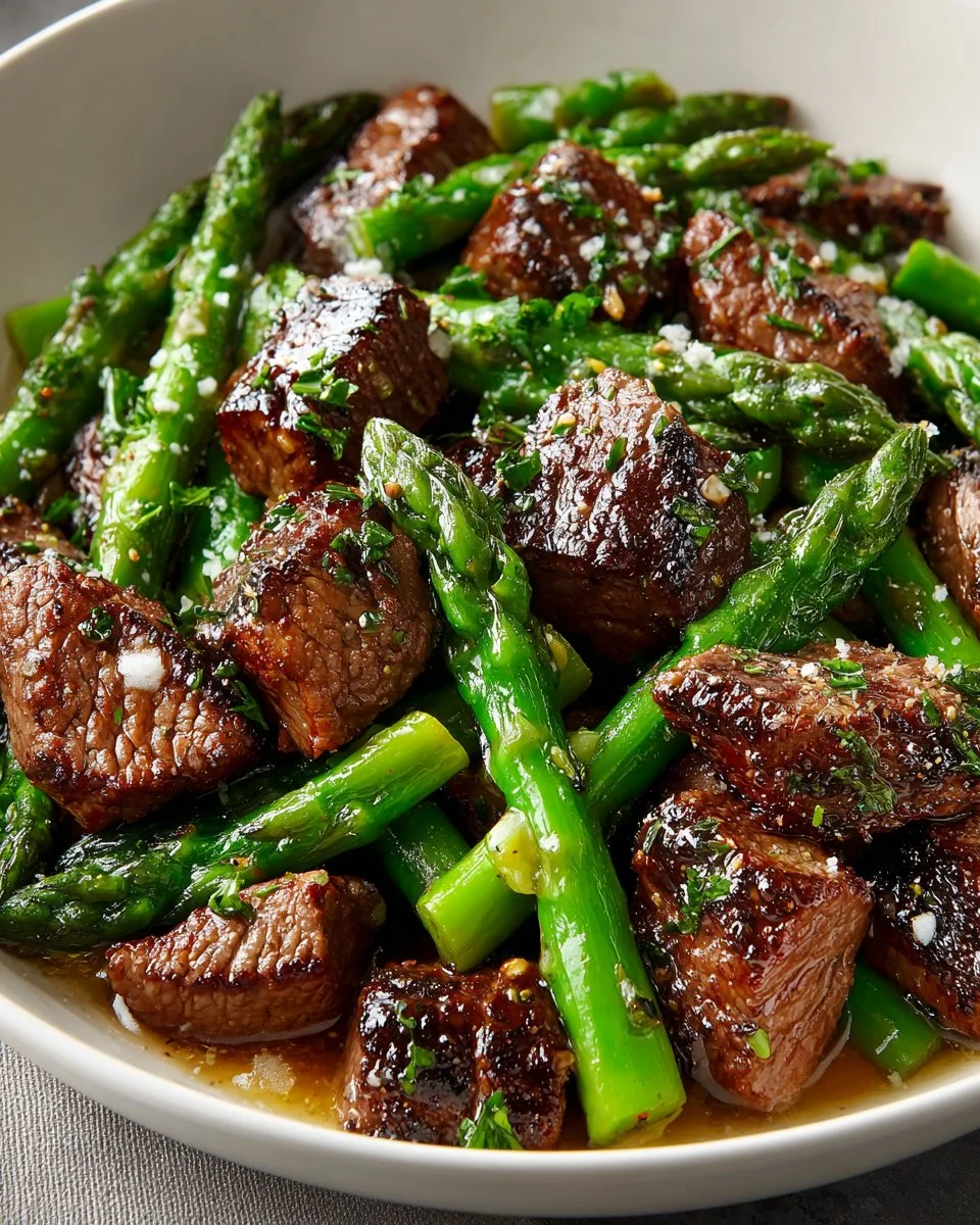 Garlic Butter Steak Bites served with fresh asparagus on a plate