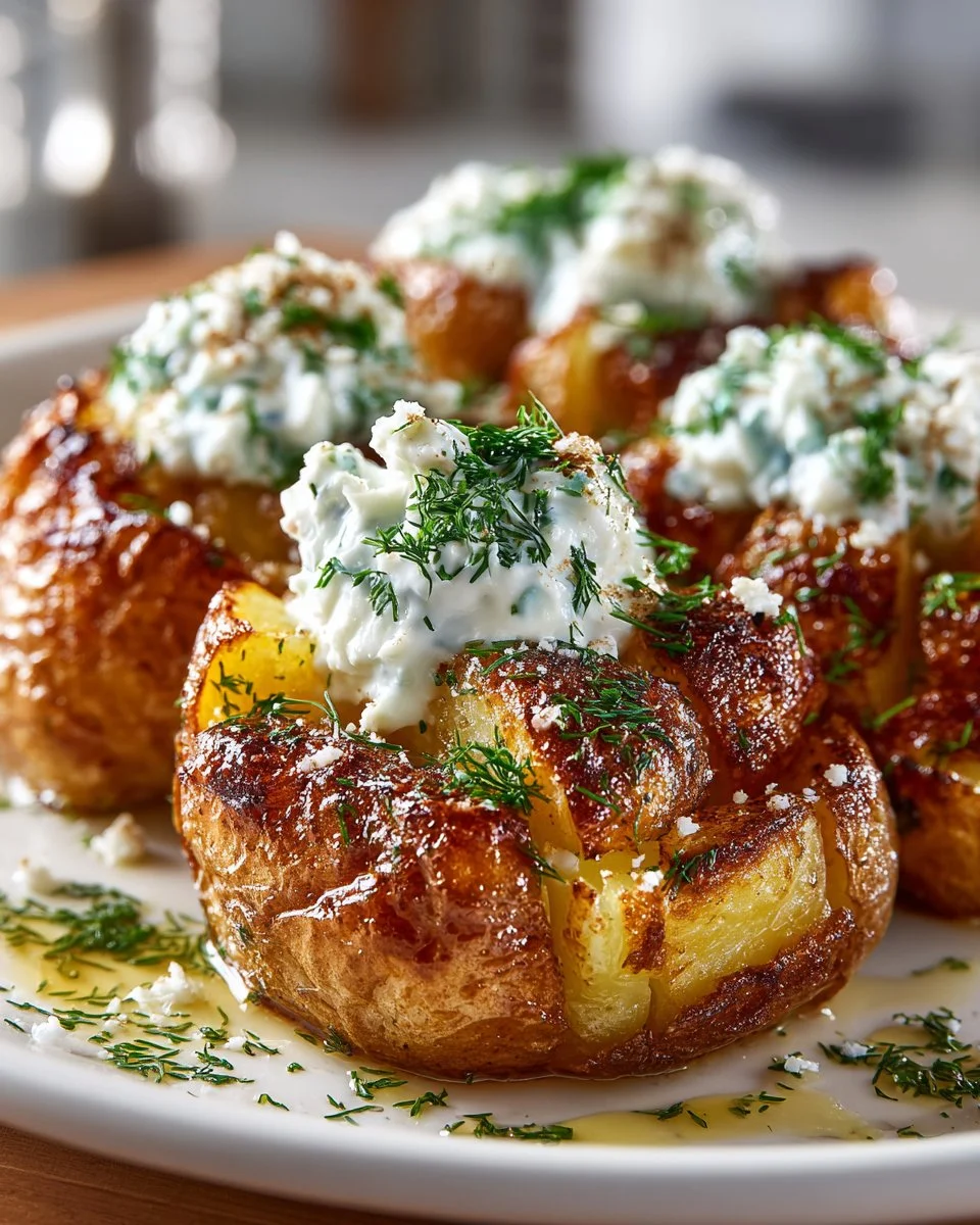 Garlic herb smashed potatoes served with tzatziki sauce on a plate