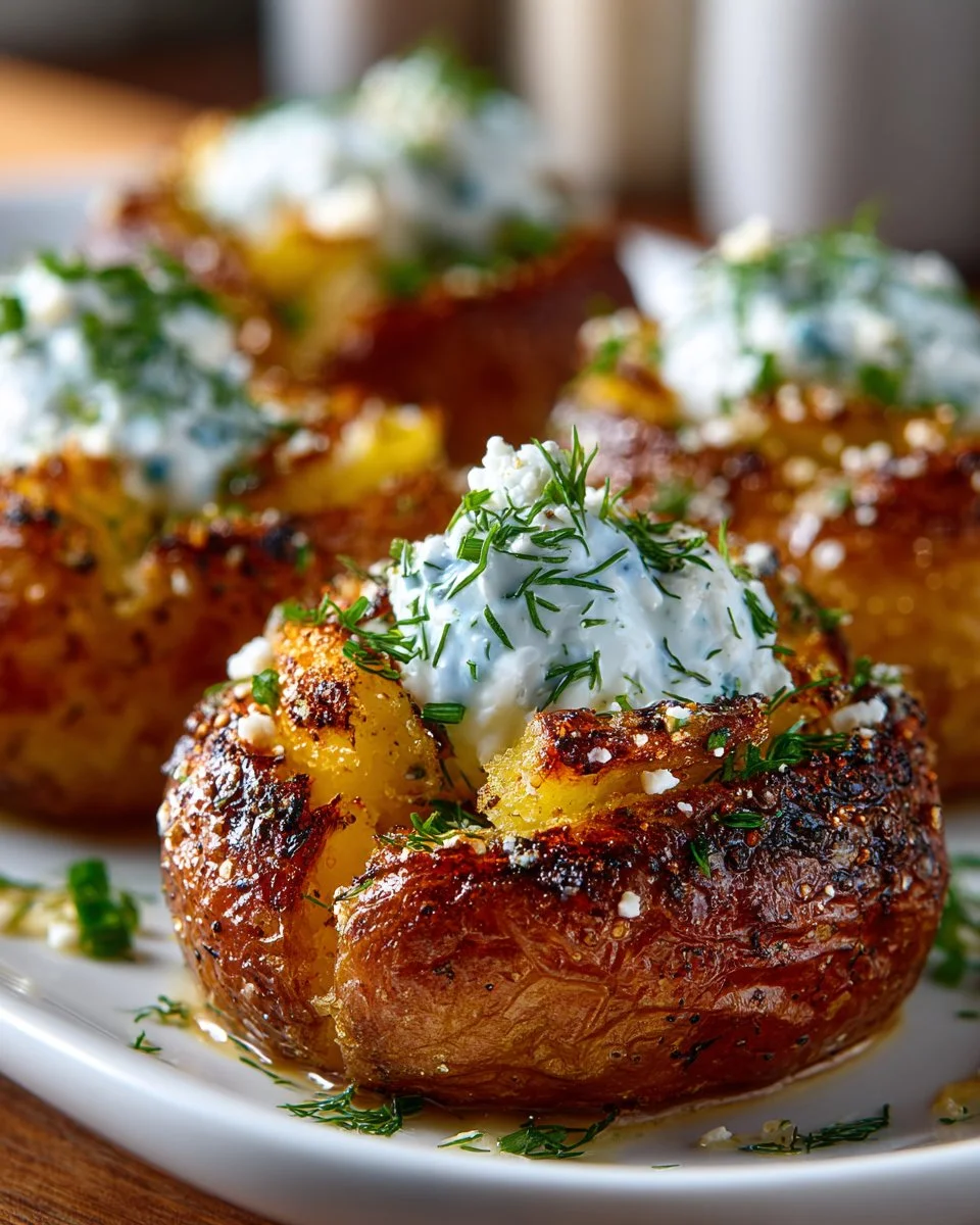 Garlic Herb Smashed Potatoes with Tzatziki
