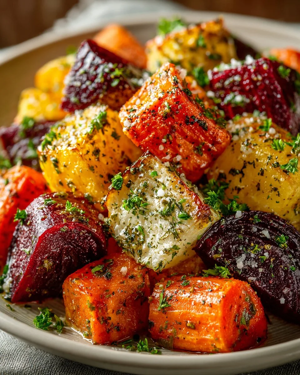Greek Style Roasted Root Vegetables served in a colorful platter