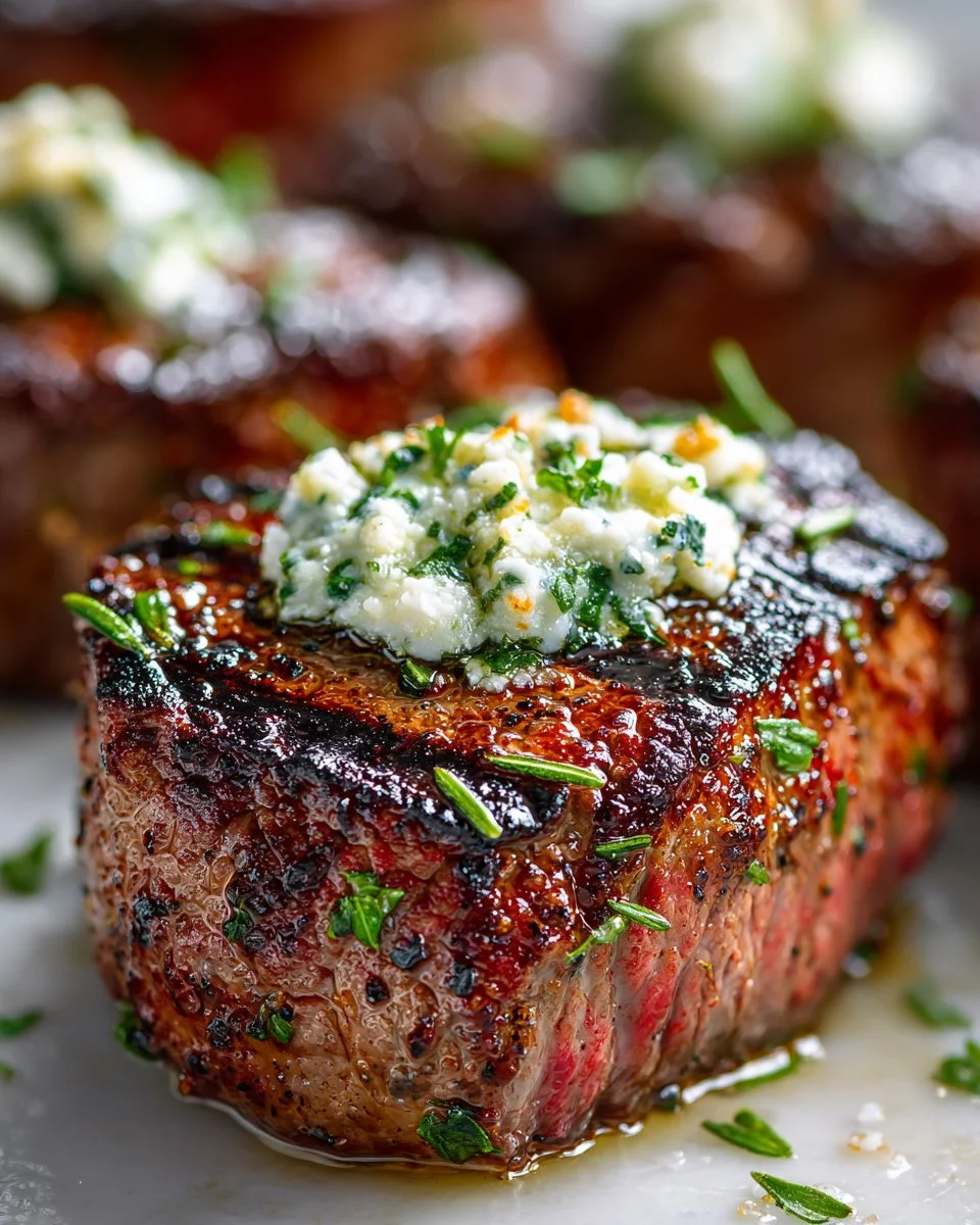 Grilled Garlic Butter Beef Tenderloin served on a platter with herbs.