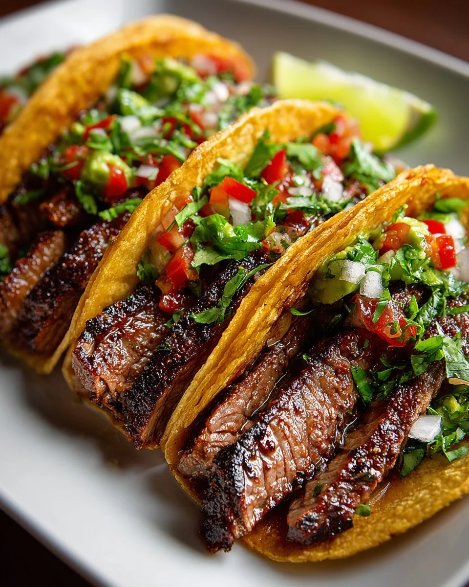 Grilled halal beef steak tacos served with fresh toppings