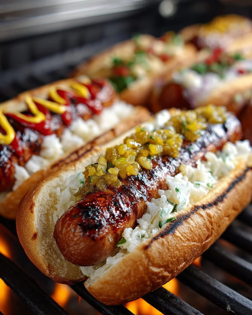 Grilled Halal Hot Dogs with Pickle Relish
