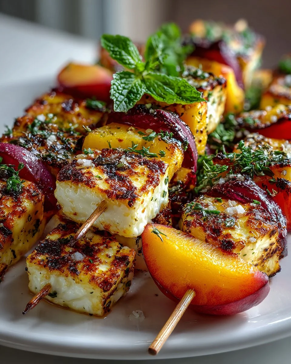 Grilled Halloumi and Peach Skewers