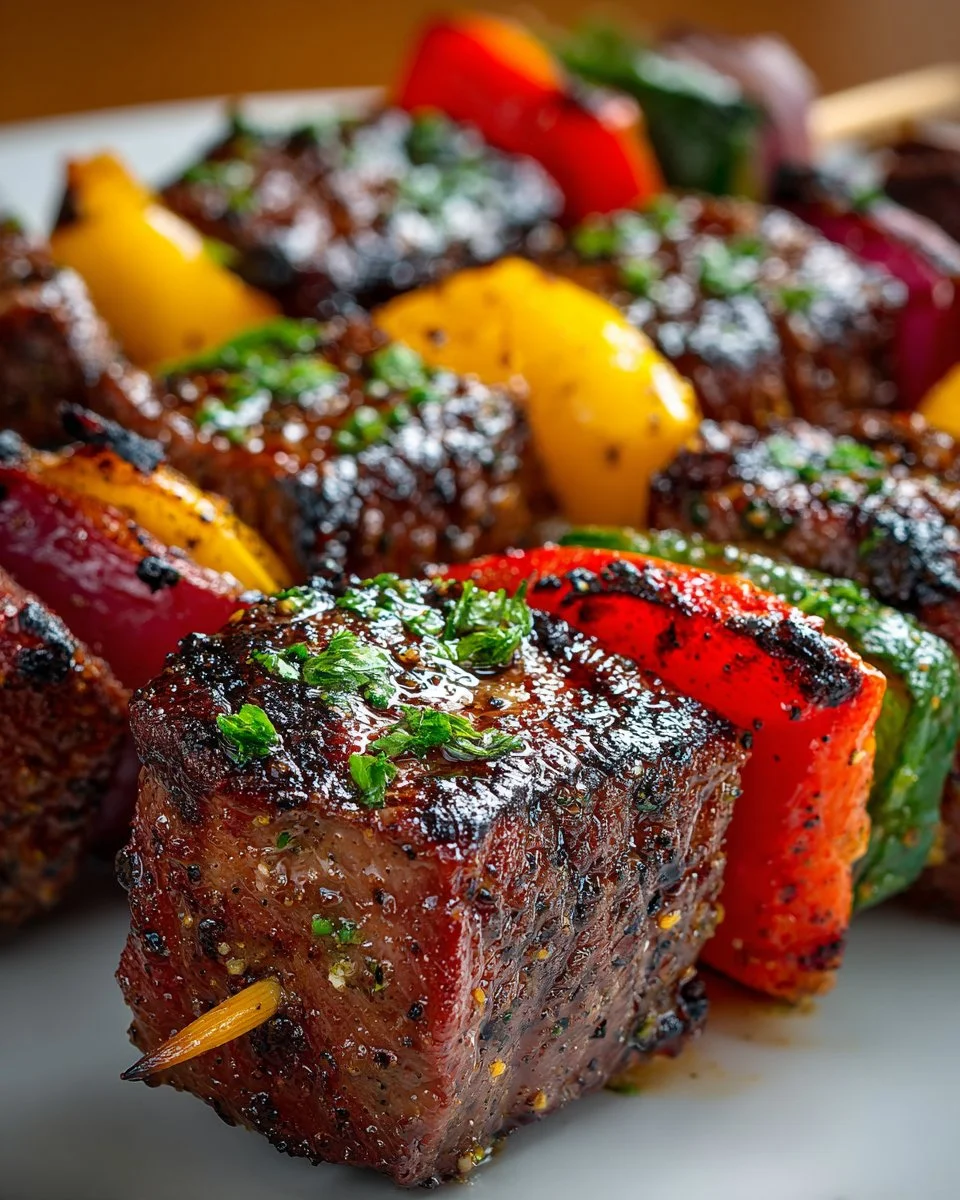 Delicious grilled lemon pepper beef skewers on a BBQ grill.