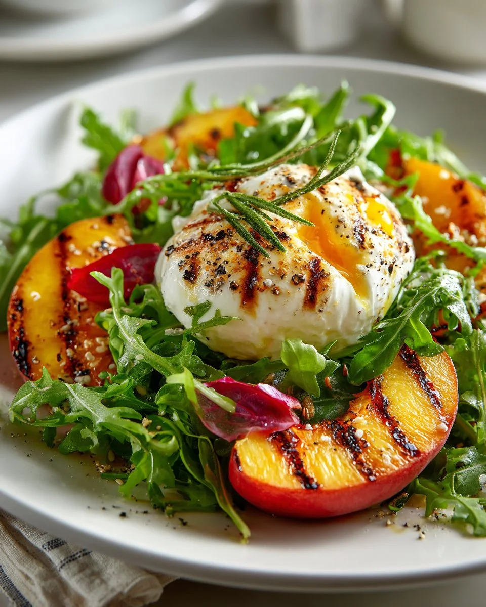 Grilled Peach and Burrata Salad with fresh greens and balsamic drizzle